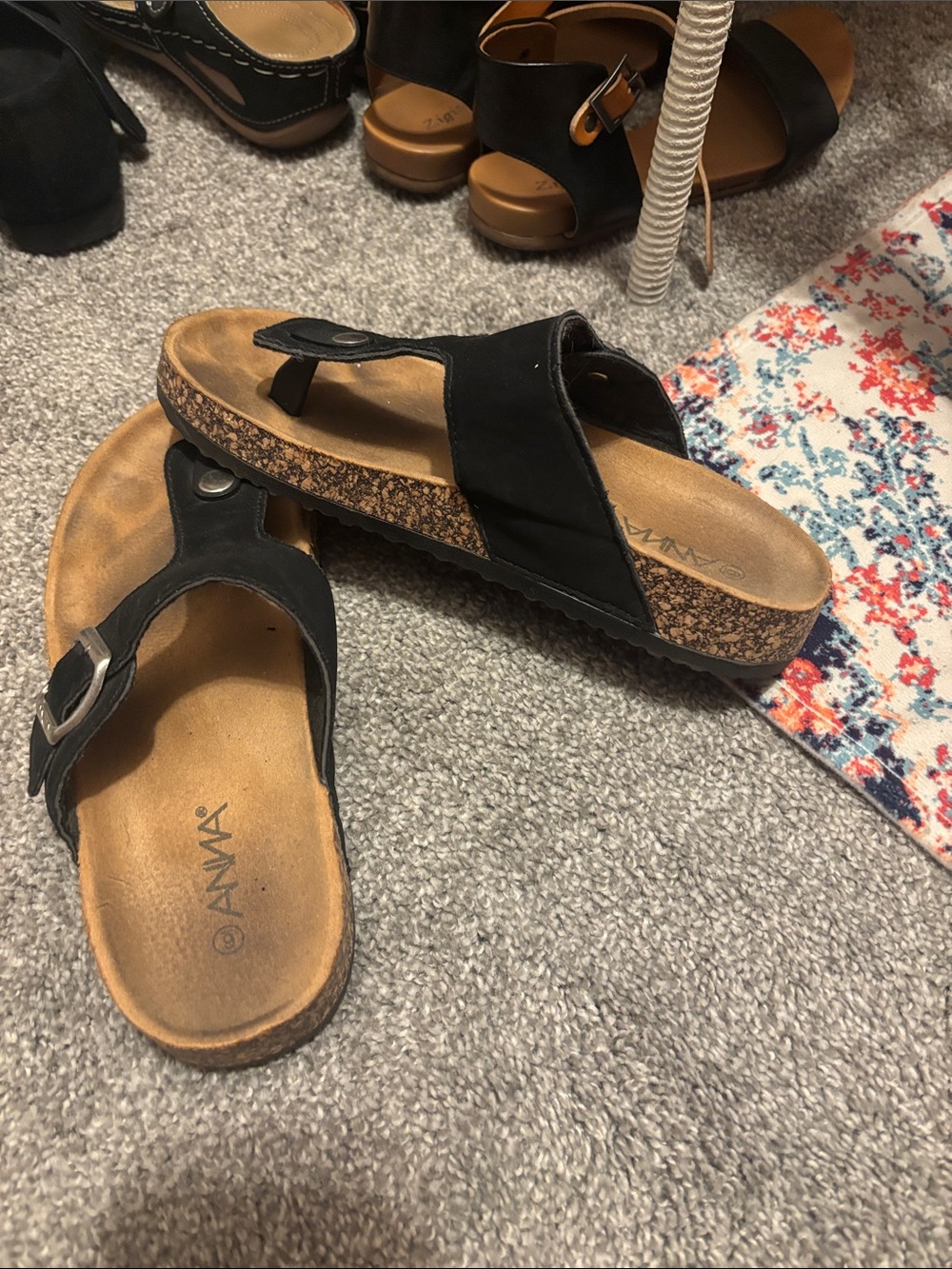 ANNA Black Cork-Style Women's Thong Sandals with Buckle Strap